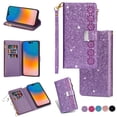 thumbnail image 1 of Mantto Women Case for Samsung Galaxy A03s Wallet Case, Multifunctional 9 Card Slots Bling Zipper Purse Pocket Glitter Leather Magnetic Flip Kickstand Wrist Strap Case, Purple, 1 of 13