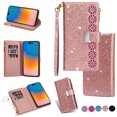 thumbnail image 1 of Mantto Women Case for Samsung Galaxy A14 5G Wallet Case, Multifunctional 9 Card Slots Bling Zipper Purse Pocket Glitter Leather Magnetic Flip Kickstand Wrist Strap Case, Rosegold, 1 of 13