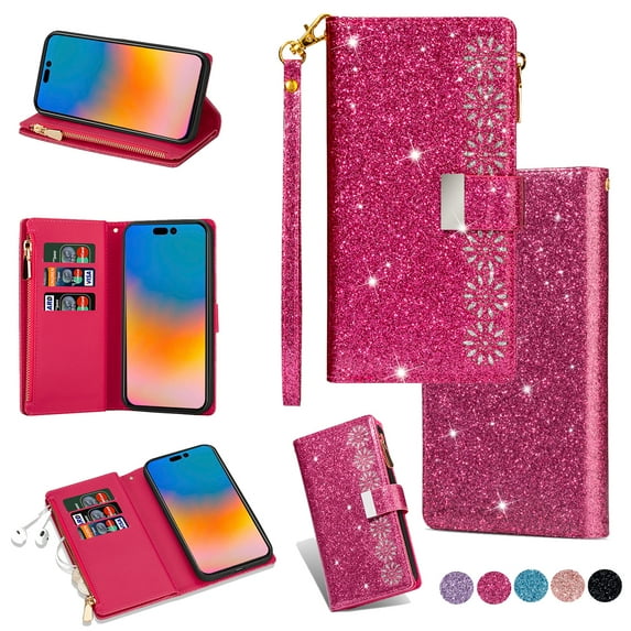 Mantto Women Case for Samsung Galaxy A14 5G Wallet Case, Multifunctional 9 Card Slots Bling Zipper Purse Pocket Glitter Leather Magnetic Flip Kickstand Wrist Strap Case, Rose