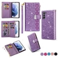 thumbnail image 1 of Mantto Women Case for Samsung Galaxy S21 FE - 6.4 inch Wallet Case, Multifunctional 9 Card Slots Bling Zipper Purse Pocket Glitter Leather Magnetic Flip Kickstand Wrist Strap Case, Purple, 1 of 11