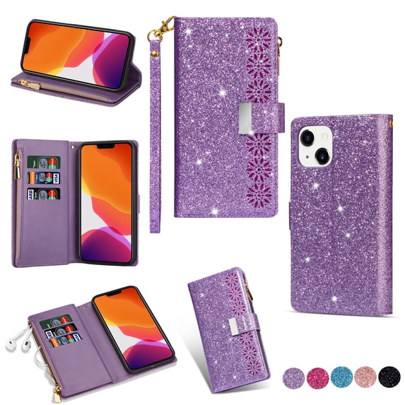Mantto Women Case for iPhone 13 - 6.1 inch Wallet Case, Multifunctional 9 Card Slots Bling Zipper Purse Pocket Glitter Leather Magnetic Flip Kickstand Wrist Strap Case, Purple