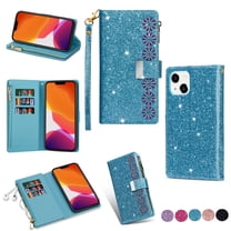 Mantto Women Case for iPhone 13 - 6.1 inch Wallet Case, Multifunctional 9 Card Slots Bling Zipper Purse Pocket Glitter Leather Magnetic Flip Kickstand Wrist Strap Case, Skyblue