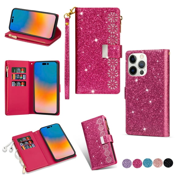 Mantto Women Case for iPhone 14 Pro Max Wallet Case, Multifunctional 9 Card Slots Bling Zipper Purse Pocket Glitter Leather Magnetic Flip Kickstand Wrist Strap Case For iPhone 14 Pro Max, Rose