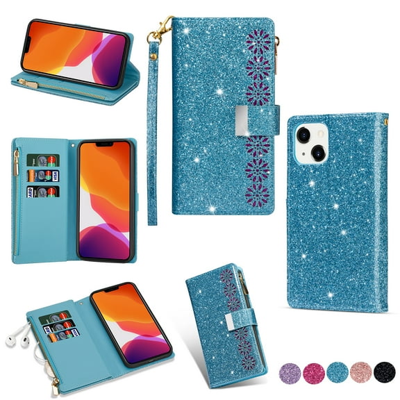 Mantto Women Case for iPhone 15 - 6.1 inch Wallet Case, Multifunctional 9 Card Slots Bling Zipper Purse Pocket Glitter Leather Magnetic Flip Kickstand Wrist Strap Case, Skyblue