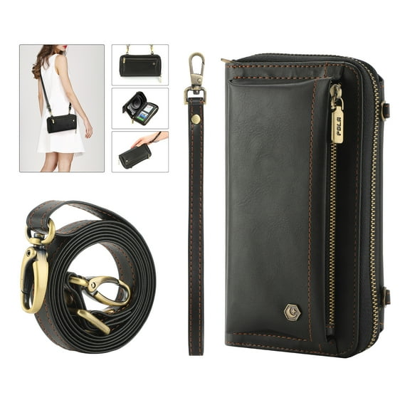 Mantto Zipper Bag Crossbody Wallet Case for iPhone 14 Pro Max 6.7 (2022) with 13 Card Slots Holder + 2 Cash Pockets + Shoulder Strap + Wrist Strap  Purse PU Leather Impact Resistant Hard Cover, Black