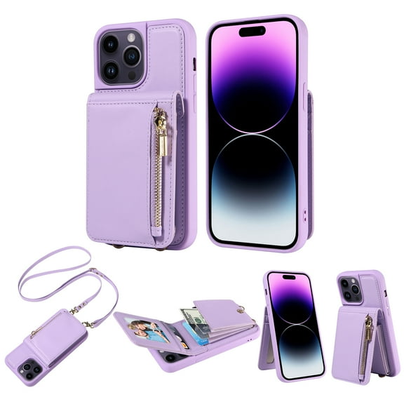 Mantto Zipper Wallet Case for iPhone 16 Plus,[RFID Blocking] Leather Back Flip Crossbody Purse with Credit Card Holder Kickstand Phone Case with Detachable Wrist Strap Lanyard,Purple