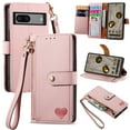 thumbnail image 1 of Mantto Zipper Wallet for Google Pixel 7a,Durable PU Leather Heart Pattern Magnetic Clasp Folio RFID Blocking Credit Card Slots Flip Kickstand Shockproof Purse Phone Case with Wrist Strap,Pink, 1 of 10