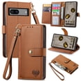 thumbnail image 1 of Mantto Zipper Wallet for Google Pixel 7a,Durable PU Leather Heart Pattern Magnetic Clasp Folio RFID Blocking Credit Card Slots Flip Kickstand Shockproof Purse Phone Case with Wrist Strap,Brown, 1 of 10