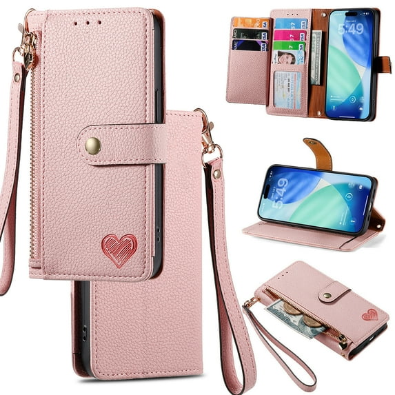 Mantto Zipper Wallet for Samsung Galaxy A06,PU Leather Heart Pattern Magnetic Clasp Folio RFID Blocking Credit Card Slots Flip Kickstand Shockproof Purse Case with Wrist Strap, Pink