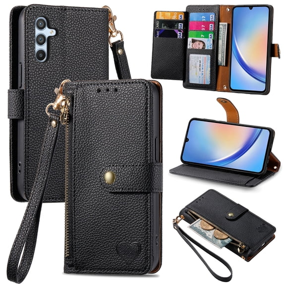 Mantto Zipper Wallet for Samsung Galaxy A14 5G,Durable PU Leather Heart Pattern Magnetic Clasp Folio RFID Blocking Credit Card Slots Flip Kickstand Shockproof Purse Phone Case with Wrist Strap,Black