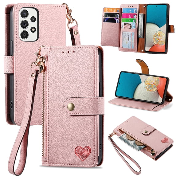 Mantto Zipper Wallet for Samsung Galaxy A53 5G,Durable PU Leather Heart Pattern Magnetic Clasp Folio RFID Blocking Credit Card Slots Flip Kickstand Shockproof Purse Phone Case with Wrist Strap,Pink