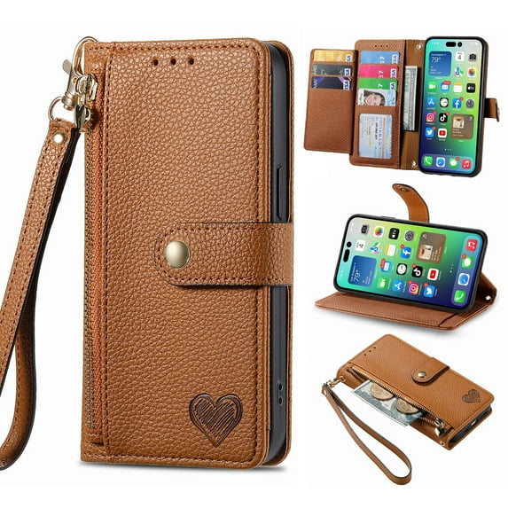 Mantto Zipper Wallet for Samsung Galaxy S22 Ultra,Durable PU Leather Heart Pattern Magnetic Clasp Folio RFID Blocking Card Slots Flip Kickstand Shockproof Purse Phone Case with Wrist Strap,Brown