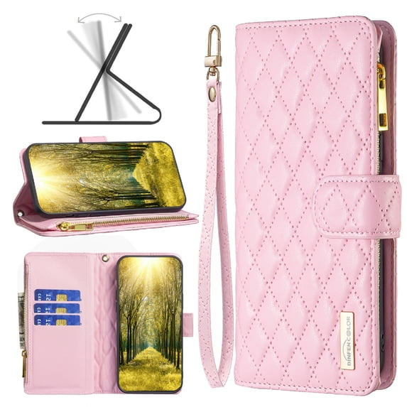 Mantto Zipper Wallet case for Samsung Galaxy A23, Argyle Pattern PU Leather Wallet case with Handstrap Kickstand Card Slots Magnetic Closure Shockproof Case for Samsung Galaxy A23,Pink