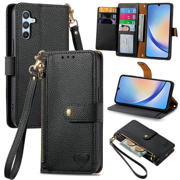 Mantto Zipper Wallet forSamsung Galaxy A15,Durable PU Leather Heart Pattern Magnetic Clasp Folio RFID Blocking Credit Card Slots Flip Kickstand Shockproof Purse Phone Case with Wrist Strap,Black