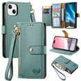 thumbnail image 1 of Mantto Zipper Wallet for iPhone 13,Durable PU Leather Heart Pattern Magnetic Clasp Folio RFID Blocking Credit Card Slots Flip Kickstand Shockproof Purse Phone Case with Wrist Strap,Green, 1 of 10
