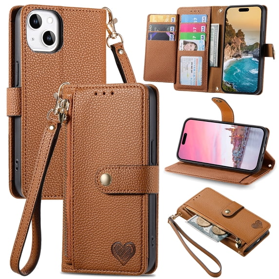 Mantto Zipper Wallet for iPhone 14 Plus,Durable PU Leather Heart Pattern Magnetic Clasp Folio RFID Blocking Credit Card Slots Flip Kickstand Shockproof Purse Phone Case with Wrist Strap,Brown
