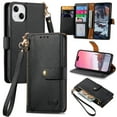 thumbnail image 1 of Mantto Zipper Wallet for iPhone 14 Plus,Durable PU Leather Heart Pattern Magnetic Clasp Folio RFID Blocking Credit Card Slots Flip Kickstand Shockproof Purse Phone Case with Wrist Strap,Black, 1 of 10