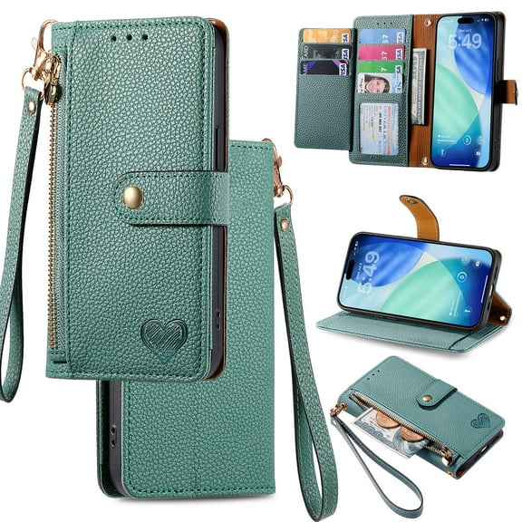 Mantto Zipper Wallet for iPhone 17,PU Leather Heart Pattern Magnetic Clasp Folio RFID Blocking Credit Card Slots Flip Kickstand Shockproof Purse Case with Wrist Strap, Green