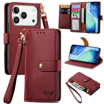 Mantto Zipper Wallet for iPhone 17 Pro Max,PU Leather Heart Pattern Magnetic Clasp Folio RFID Blocking Credit Card Slots Flip Kickstand Shockproof Purse Case with Wrist Strap, Red