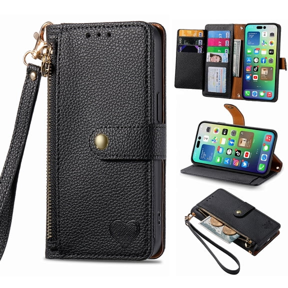Mantto Zipper Wallet for iPhone 7 Plus/8 Plus,Durable PU Leather Heart Pattern Magnetic Clasp Folio RFID Blocking Credit Card Slots Flip Kickstand Shockproof Purse Phone Case with Wrist Strap,Black
