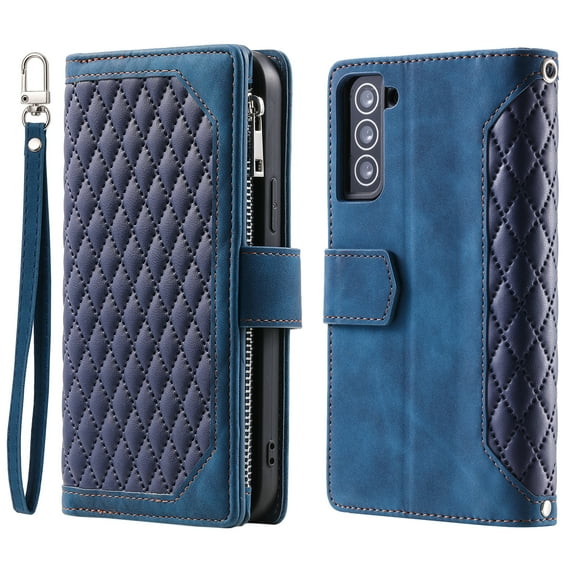 Mantto for Samsung Galaxy S21 Wallet Case with Shoulder/Wrist Strap,Shockproof High Capacity Purse Card Slots Flip Kickstand Phone Case Cover,Blue