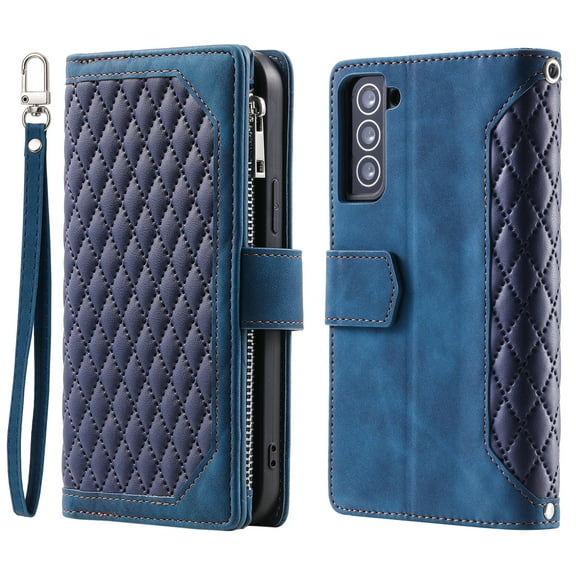 Mantto for Samsung Galaxy S21 Wallet Case with Shoulder/Wrist Strap,Shockproof High Capacity Purse Card Slots Flip Kickstand Phone Case Cover,Blue