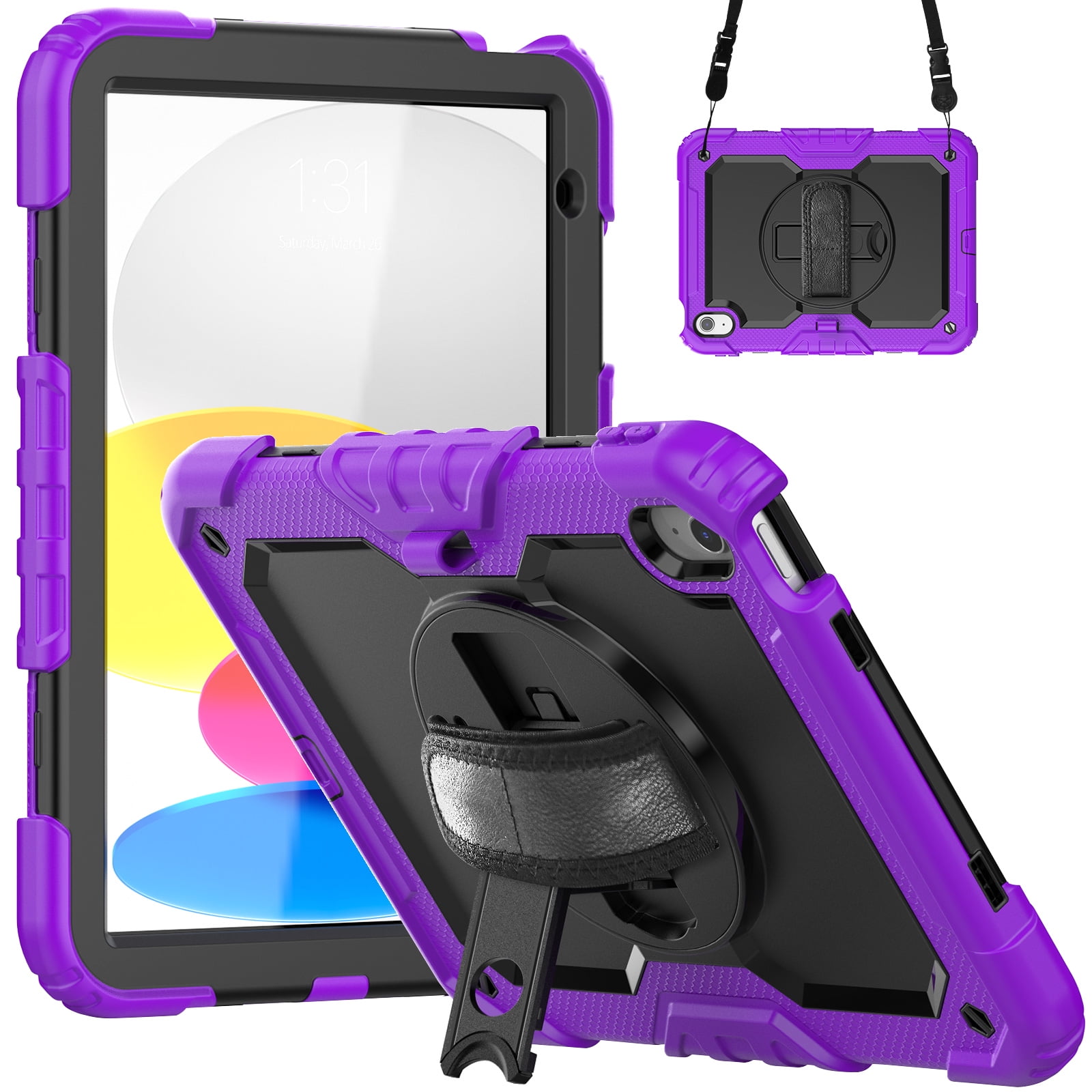 Mantto for iPad 10th Generation Case 10.9" 2022, Built in-Screen Protector with Pencil Holder/360 Rotation Stand-Shoulder Strap-Heavy Duty Shockproof Rugged Soft Silicone Protective Case, Purple