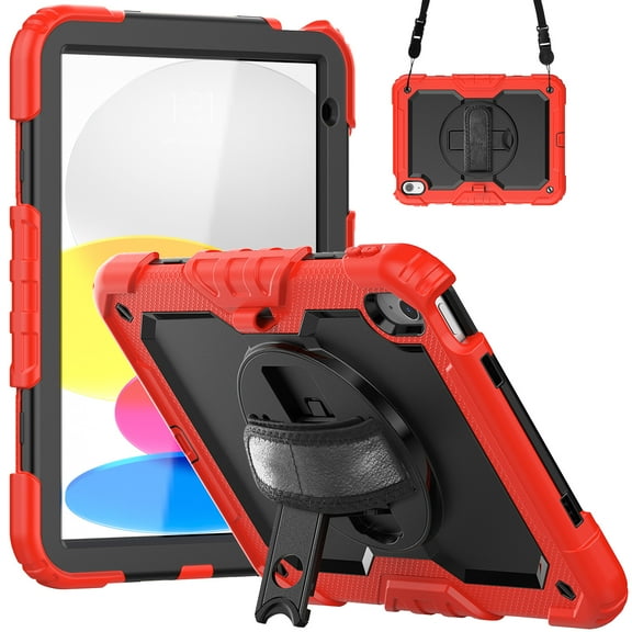 Mantto for iPad 10th Generation Case 10.9" 2022, Built in-Screen Protector with Pencil Holder/360 Rotation Stand-Shoulder Strap-Heavy Duty Shockproof Rugged Soft Silicone Protective Case, Red