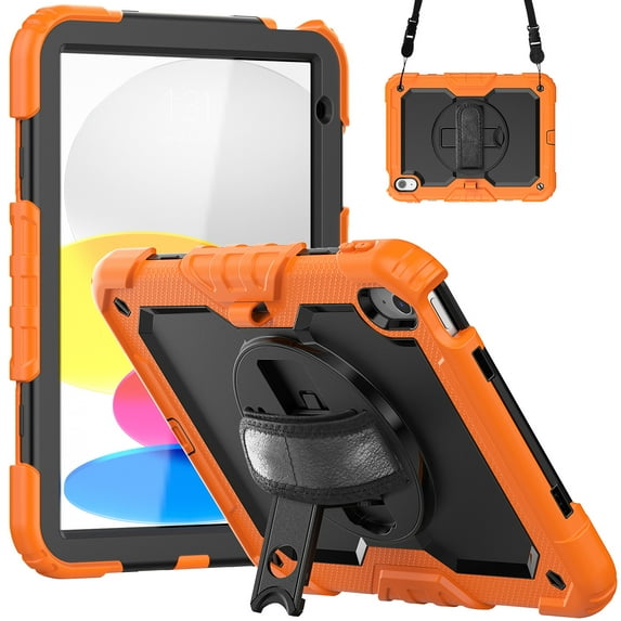 Mantto for iPad 10th Generation Case 10.9" 2022, Built in-Screen Protector with Pencil Holder/360 Rotation Stand-Shoulder Strap-Heavy Duty Shockproof Rugged Soft Silicone Protective Case, Orange