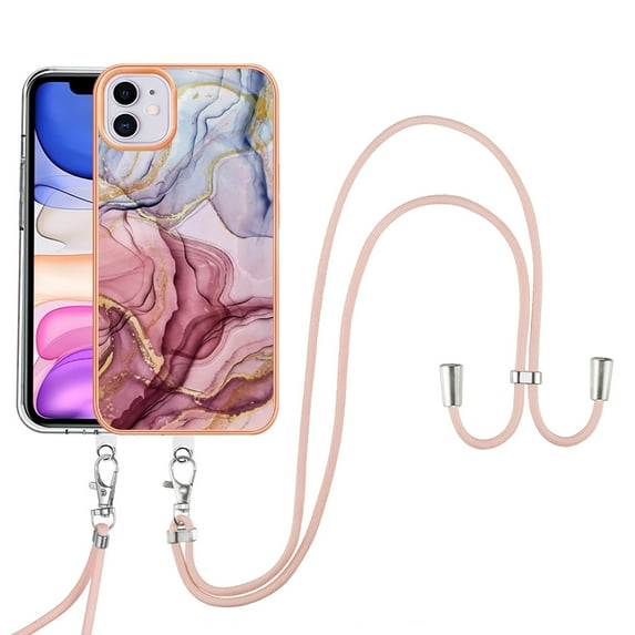 Mantto for iPhone 11 Case, with Lanyard Adjustable Strap, Marble Pattern Soft TPU Bumper Hard PC Back Shockproof Protective Glossy Stylish Durable Phone Case for Women Girls,Rose-carmine
