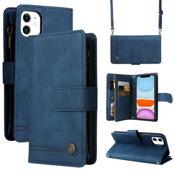Mantto iPhone 11 Cover, Wallet Card Slot Crossbody/Shoulder Strap + Wristlet Strap Magnetic Flip Premium PU Leather Zipper Pocket With Kickstand For Apple iPhone 11,
Blue