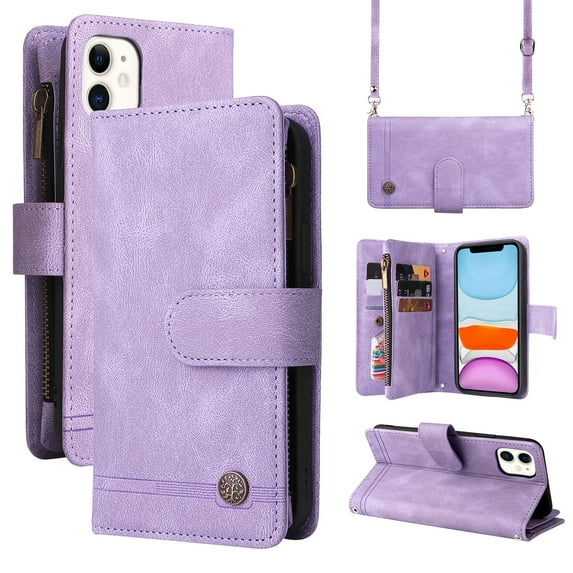 Mantto iPhone 11 Cover, Wallet Card Slot Crossbody/Shoulder Strap + Wristlet Strap Magnetic Flip Premium PU Leather Zipper Pocket With Kickstand For Apple iPhone 11,
Purple