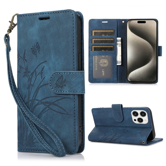 Mantto for iPhone 11 Pro Max Embossed Pattern Wallet Case with Wrist Strap, Premium Retro PU Leather Magnetic Flip Kickstand Function Credit Card Holder Shockproof Slim Phone Case,Blue