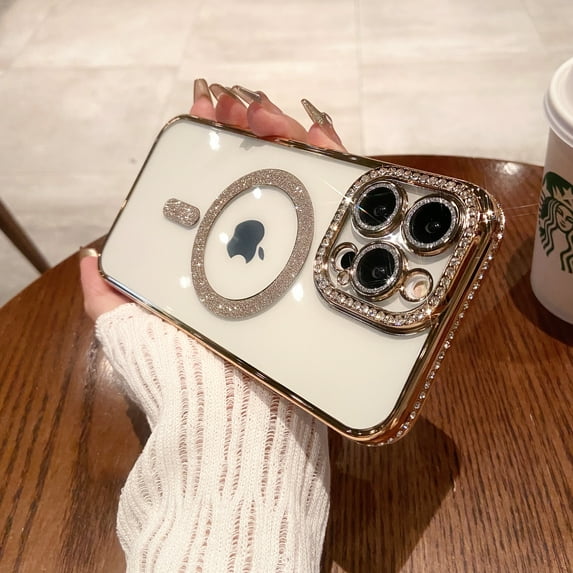 Mantto for iPhone 11 Pro Max Glitter Magnetic Case Full Camera Len Protector Compatible with MagSafe Charging Transparent Diamond Rhinestone Shockproof Cute Crystal Bling Phone Case,Gold