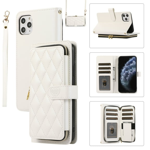 Mantto for iPhone 11 Pro Max Wallet Case,Crossbody Phone Case PU Leather Zipper with Wrist Strap & Shoulder Strap Flip Cover Credit Card Holder Magnetic Shockproof Protective Case,White