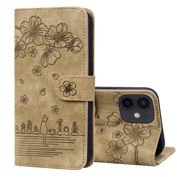 Mantto iPhone 11 case, Cartoon Cat Embossed Wallet Card Cash Slots PU Premium Leather Magnetic Flip Kickstand Shockproof Ultra-Slim Cover for iPhone 11 6.1 inch,Brown