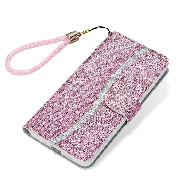 Mantto For iPhone 12 Case, iPhone 12 Pro Case, Girly Bling Glitter Card/Credit Slot Wallet Case, Magnetic Wrist Hand Strap Shockproof Folio Stand PU Leather Shell For iPhone 12/12 Pro, Pink