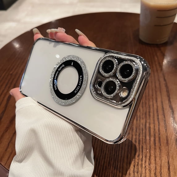 Mantto for iPhone 12 Magnetic Case,Luxury Plating Bling Glitter Clear Cover,Compatible with MagSafe for Women Men Transparent Slim Shockproof Case with Full Camera Lens Protector,Silver