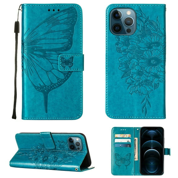 Mantto iPhone 12 Pro Case, Magnetic Folio Butterfly Patterned Wallet Case, PU Leather with Wrist Strap Credit Card Holder Slots Kickstand Protective Cover For iPhone 12 Pro, Blue
