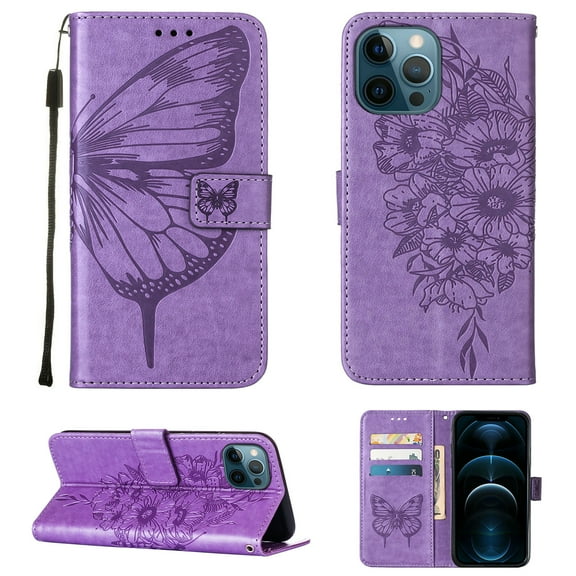 Mantto iPhone 12 Pro Case, Magnetic Folio Butterfly Patterned Wallet Case, PU Leather with Wrist Strap Credit Card Holder Slots Kickstand Protective Cover For iPhone 12 Pro, Lightpurple
