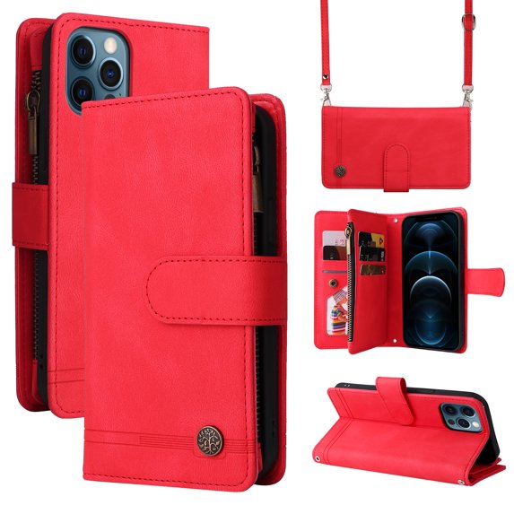Mantto iPhone 12 Pro Max Cover, Wallet Card Slot Crossbody/Shoulder Strap + Wristlet Strap Magnetic Flip Premium PU Leather Zipper Pocket With Kickstand For Apple iPhone 12 Pro Max,
Red