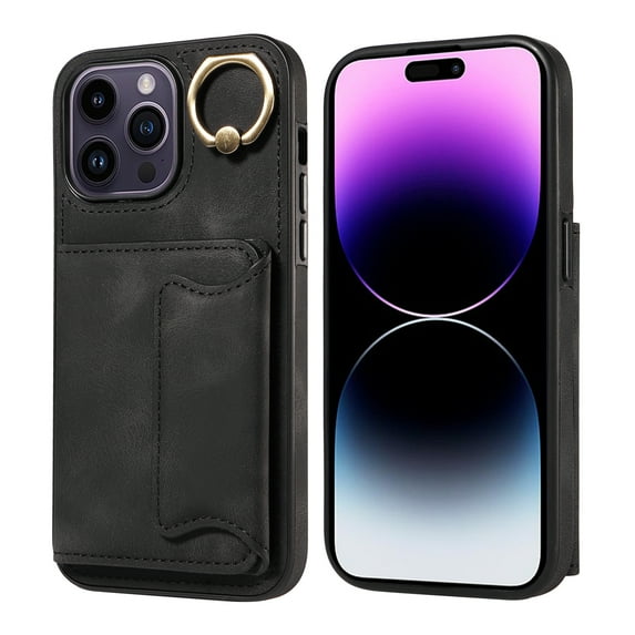 Mantto for iPhone 12 Pro / iPhone 12 6.1" PU Leather Wallet Case with Ring Holder Bracket, TPU Shockproof Credit Card Slots Holder Magnetic Buttons Cover, Full Corners Shockproof Protective Case,Black