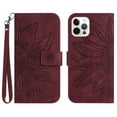 thumbnail image 1 of Mantto for iPhone 12 Pro / iPhone 12 6.1 inch Wallet Case with Wrist Strap,Stylish Sunflower Embossed PU Leather Shockproof Protective Magnetic Flip Stand Card Slots Protective Phone Cover,Winered, 1 of 10