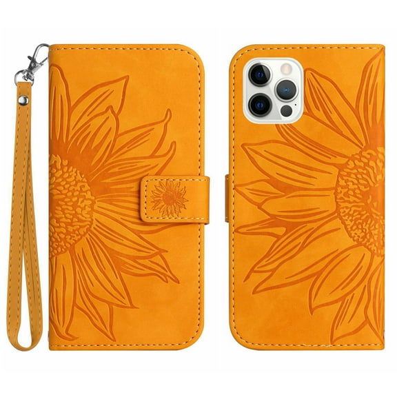 Mantto for iPhone 12 Pro / iPhone 12 6.1 inch Wallet Case with Wrist Strap,Stylish Sunflower Embossed PU Leather Shockproof Protective Magnetic Flip Stand Card Slots Protective Phone Cover,Yellow