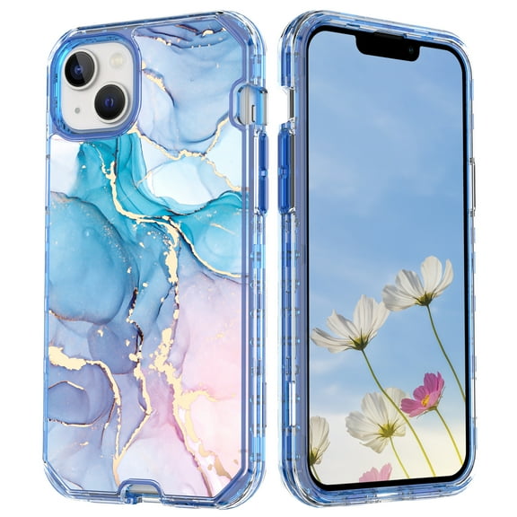 Mantto for iPhone 13 Case, 3 in 1 Slim Hybrid Crystal Rubber Bumper Cute Marble Pattern Hard PC Soft Silicone Drop Protection Women Girls Cover for iPhone 13, Blue Pink Marble