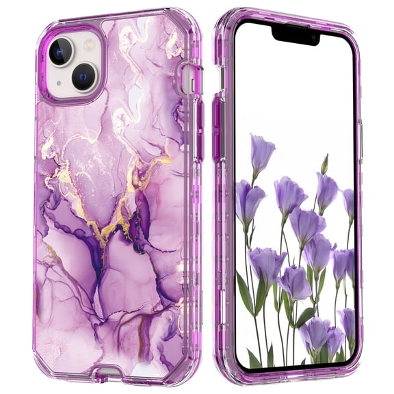 Mantto for iPhone 13 Case, 3 in 1 Slim Hybrid Crystal Rubber Bumper Cute Marble Pattern Hard PC Soft Silicone Drop Protection Women Girls Cover for iPhone 13, Purple Marble