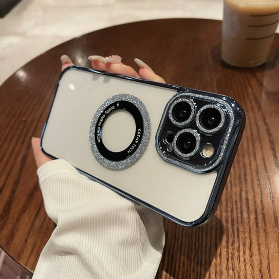 Mantto for iPhone 13 Magnetic Case,Luxury Plating Bling Glitter Clear Cover,Compatible with MagSafe for Women Men Transparent Slim Shockproof Case with Full Camera Lens Protector,Blue