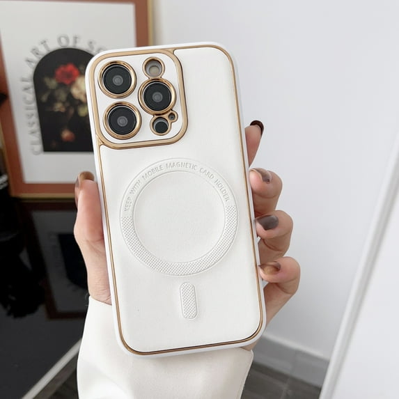 Mantto for iPhone 13 Pro 6.1" Magnetic Case Compatible with MagSafe Charging,Shockproof Lightweight PU Leather Soft TPU Bumper Luxury Electroplating Slim Phone Case for Women Men,White