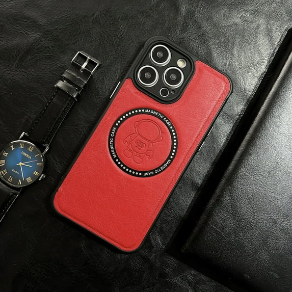 Mantto For iPhone 13 Pro Astronaut Patterned Leather Case with Magnetic Drop Protection Compatible with MagSafe Shockproof Rugged Anti-Fingerprint Case For iPhone 13 Pro - 6.1", Red