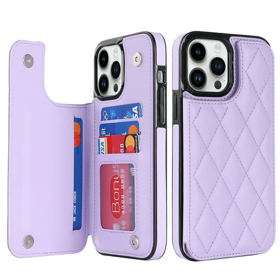Mantto for iPhone 13 Pro Back Wallet Case, Card Slots Holder RFID Blocking Luxury PU Leather Shockproof Cover, Double Magnetic Buttons Kickstand Case for iPhone 13 Pro,Purple